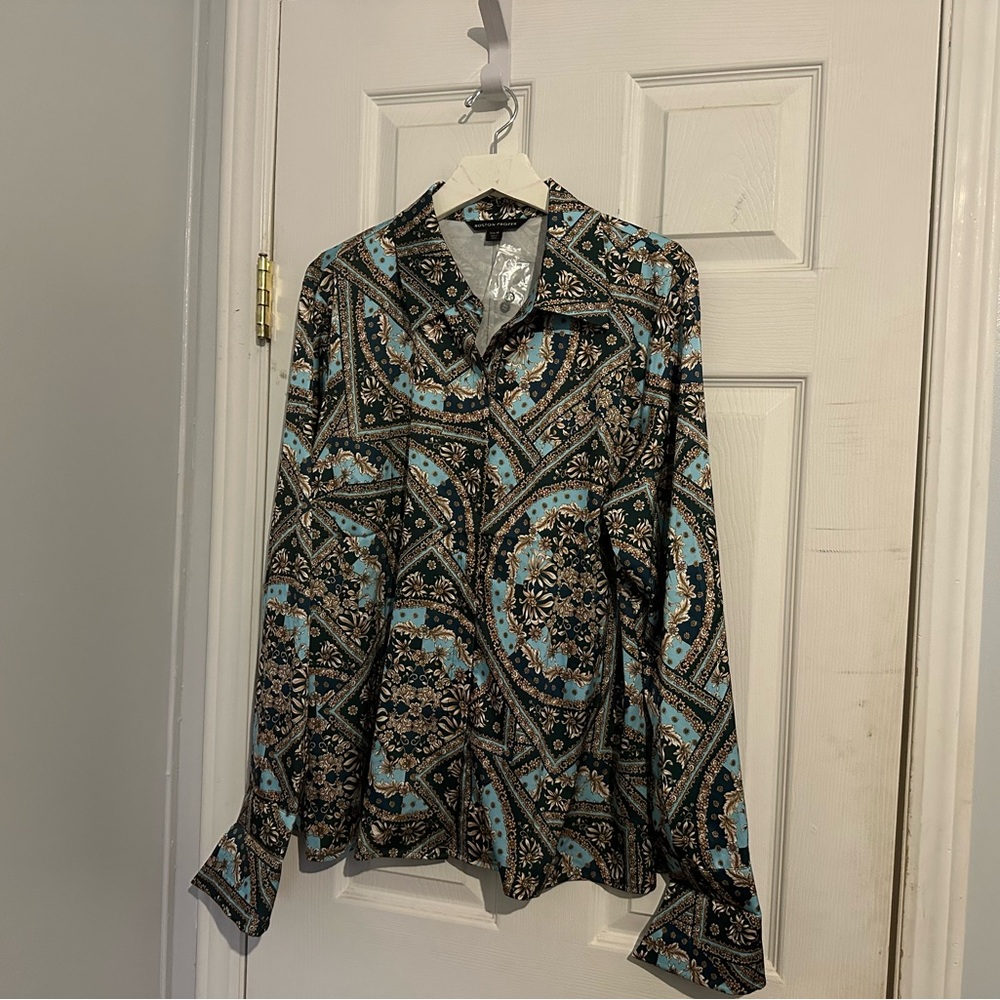 Boston Proper Sophia Charmeuse Paisley Blouse - Teal/Gold - size 18